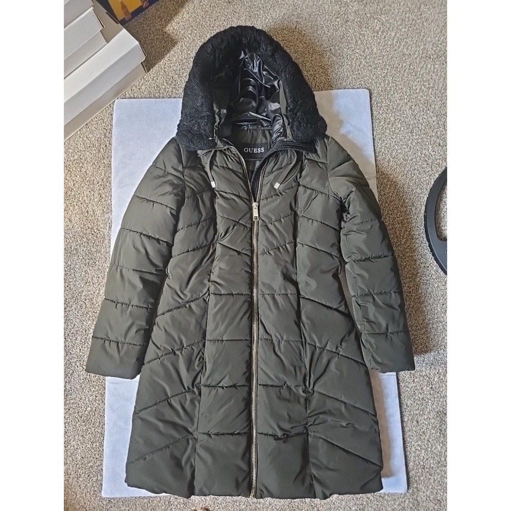 GUESS Puffer Coat Dark Green Women's Small Knee Length With Hood & 3 Pockets
